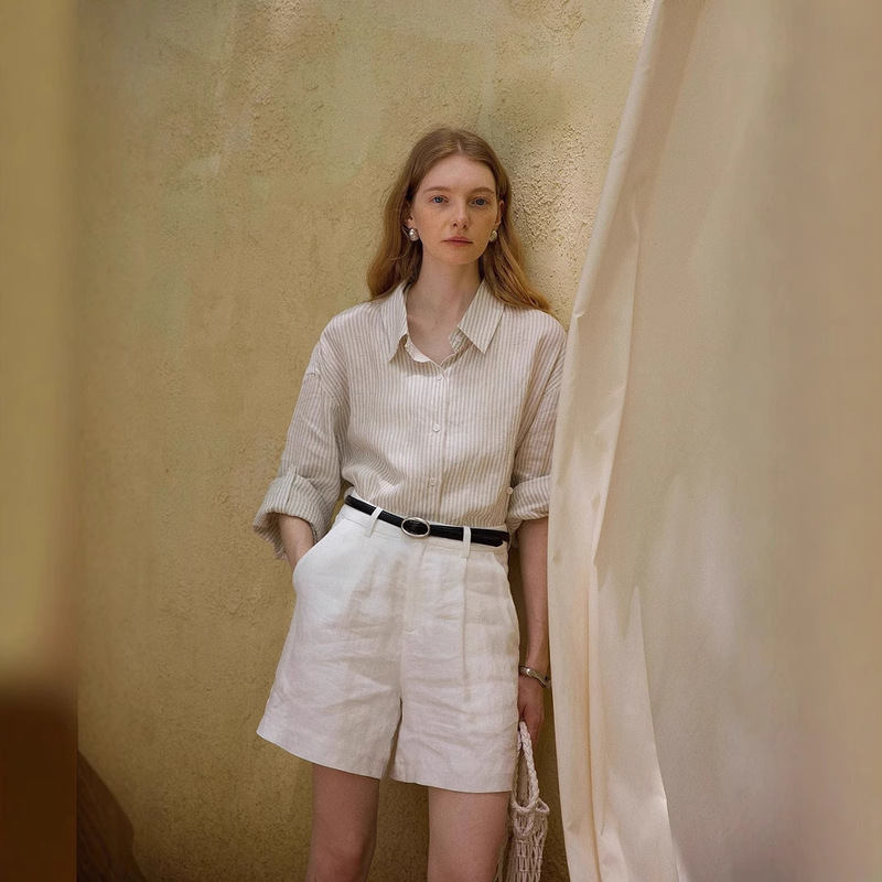 [High-Quality Goods] 100% French Normandy Linen Shorts, Minimalist Commuter Shorts for Summer, Breathable and Cool, Five-Point Length Shorts