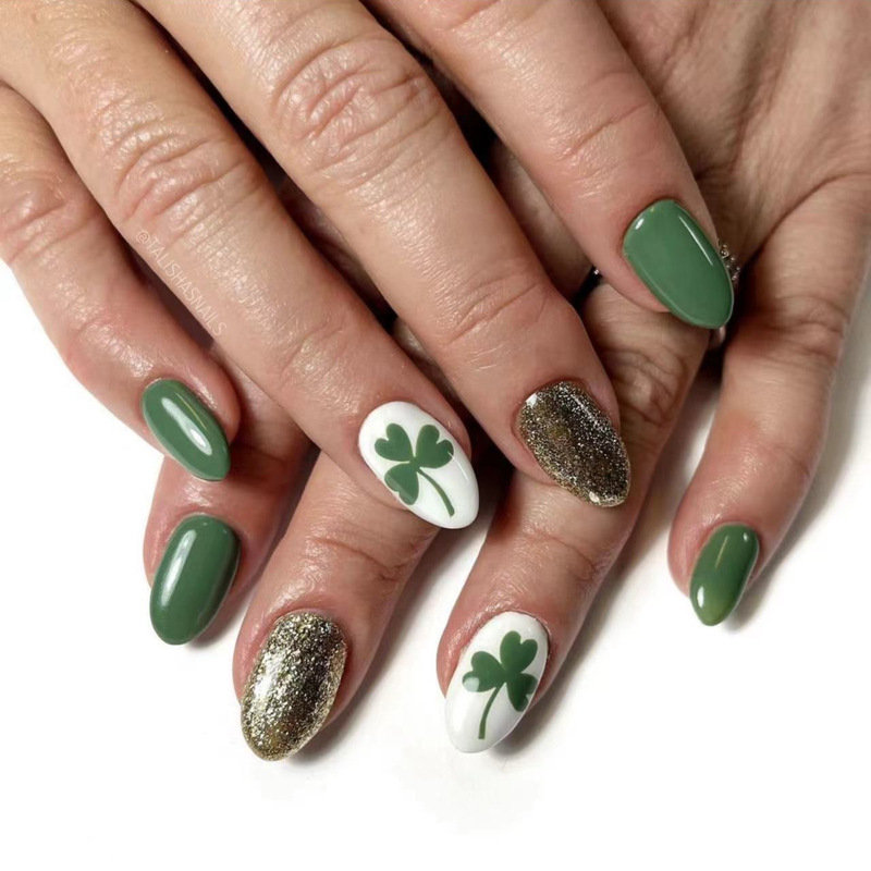 St Patrick's Day short oval green wear nail polish golden glitter clover design cross-border fake nails