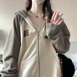 加绒加厚，国潮官印连帽卫衣女拉链插肩袖宽松秋冬季百搭外套