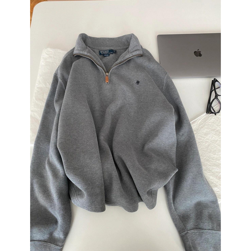 半拉链宽松美式卫衣男polo情侣卫衣女复古长袖翻领|undefined