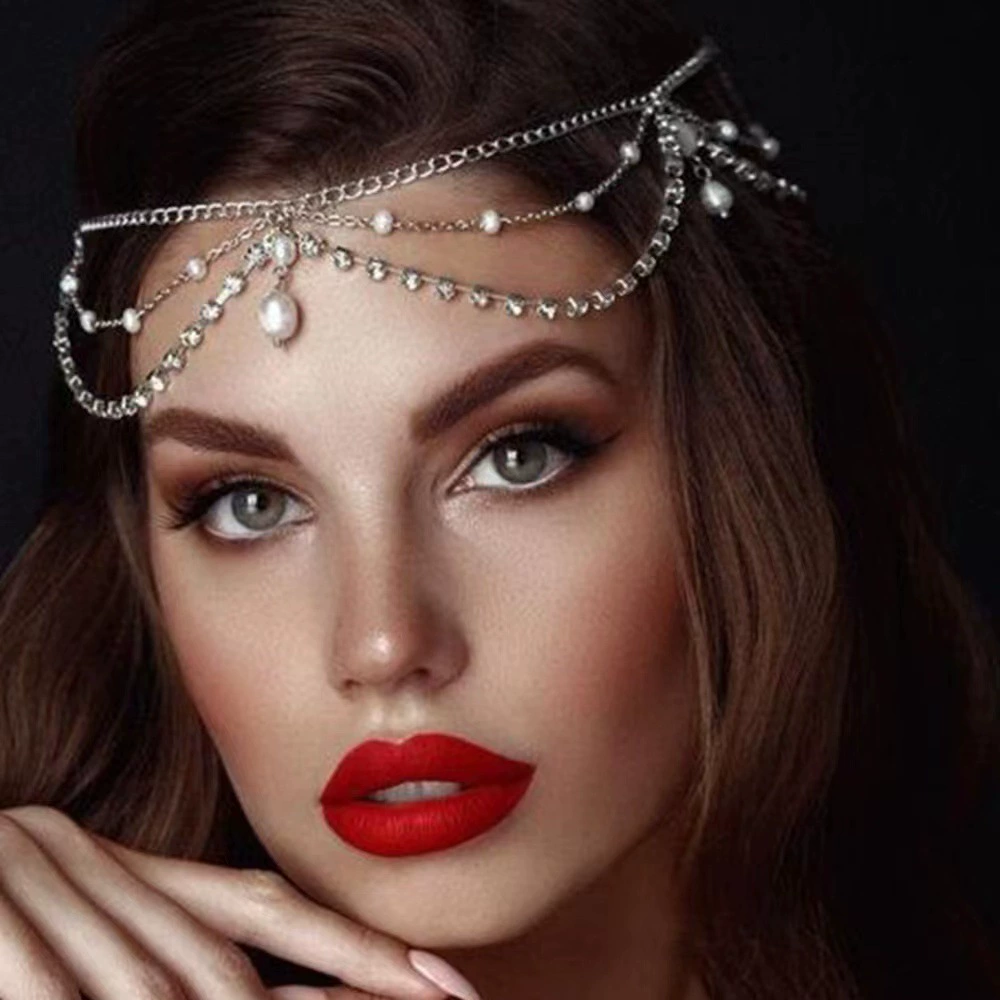 Headband European-style Bridal Hair Accessory, Pearl Chain Accent, White