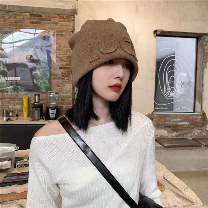 秋冬女士帽子堆堆帽字母冷帽百搭套头帽显脸小包头贴布护耳针织帽|undefined