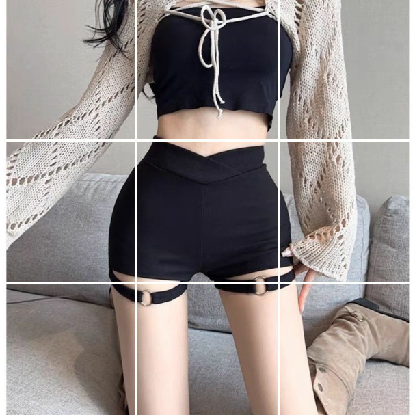 All-Match Tight Shorts Women's Spring and Summer Hot Pants High Waist Slimming A- Shaped Black Shorts 5233