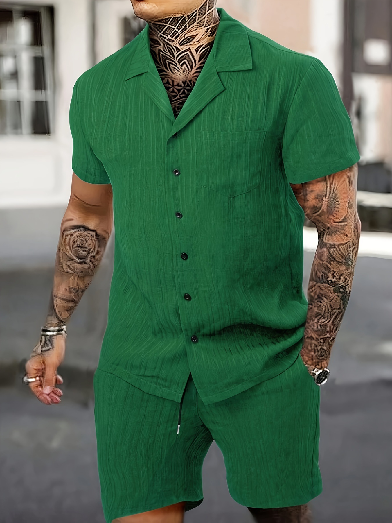 Lässiges Herren Hemd Und Shorts Set Mit Rüschentaschen_voghion.com