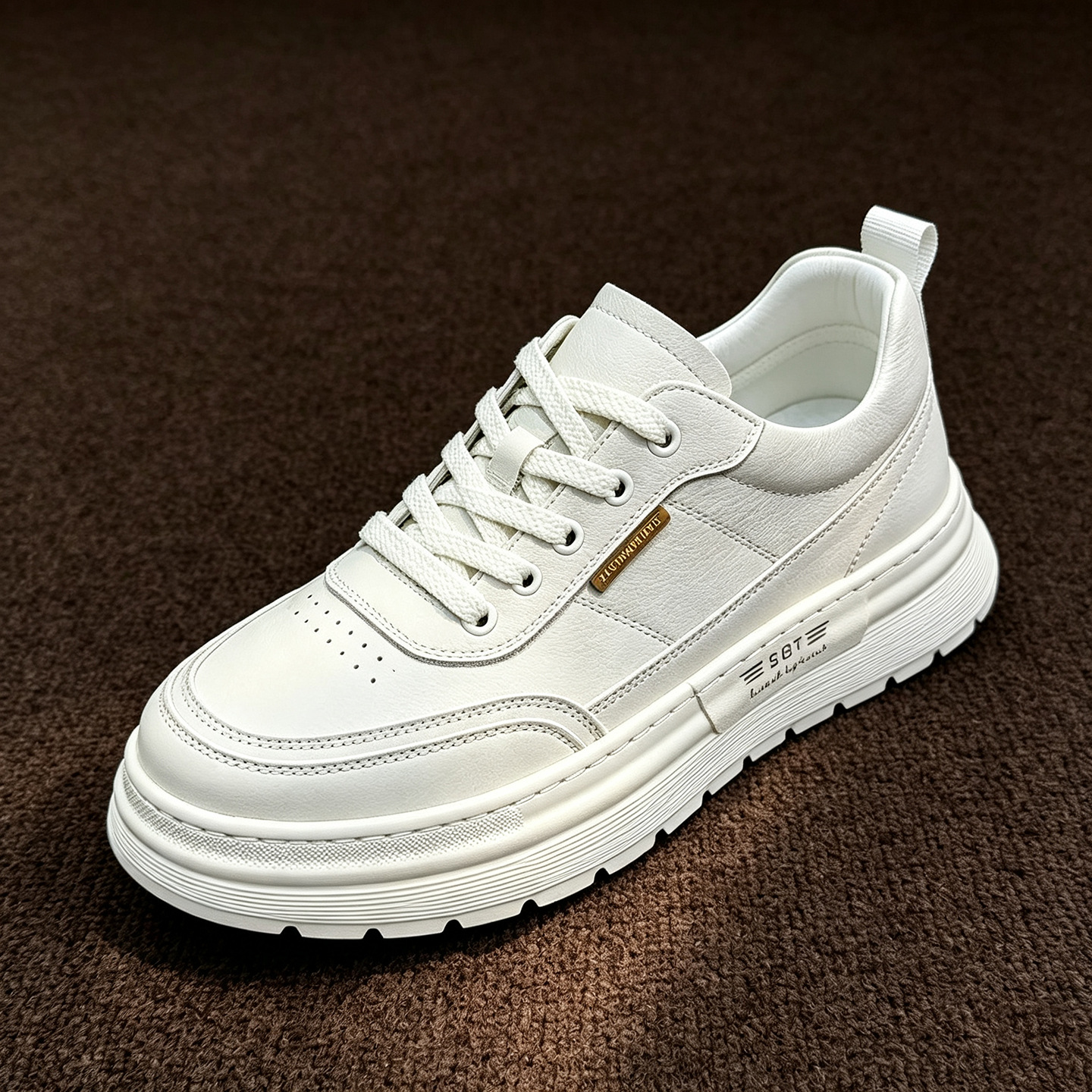 Genuine leather white sneakers for men, thick-soled sports casual shoes, autumn breathable trendy workwear men's versatile flat shoes