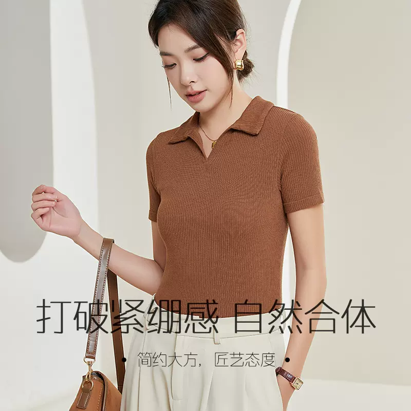 唐格小立领桑蚕丝短袖t恤女夏季纯色修身百搭真丝半袖上衣高弹
