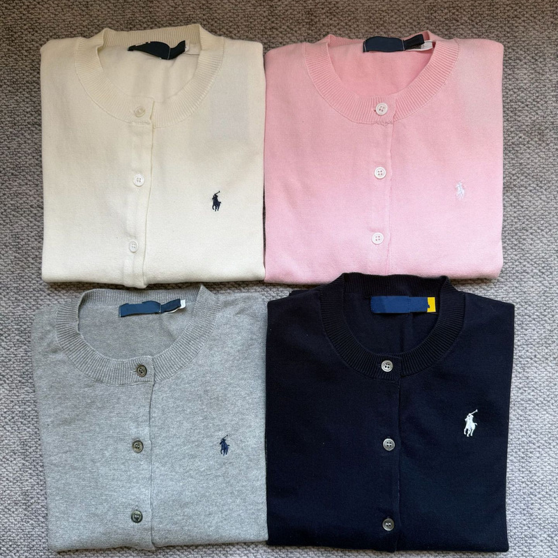 Pl Laff Pony Label Classic Plain Cardigan Buttoned Pure Cotton Knitted Cardigan Long Sleeve Crew Neck Top