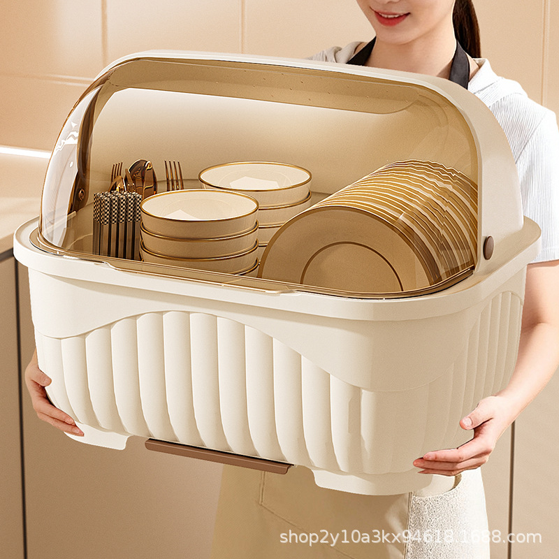 New Cream Style Kitchen Flip-Top Drain Cupboard with Lid Dust-Proof Tableware Storage Box Dishware and Chopsticks Storage Rack Cupboard