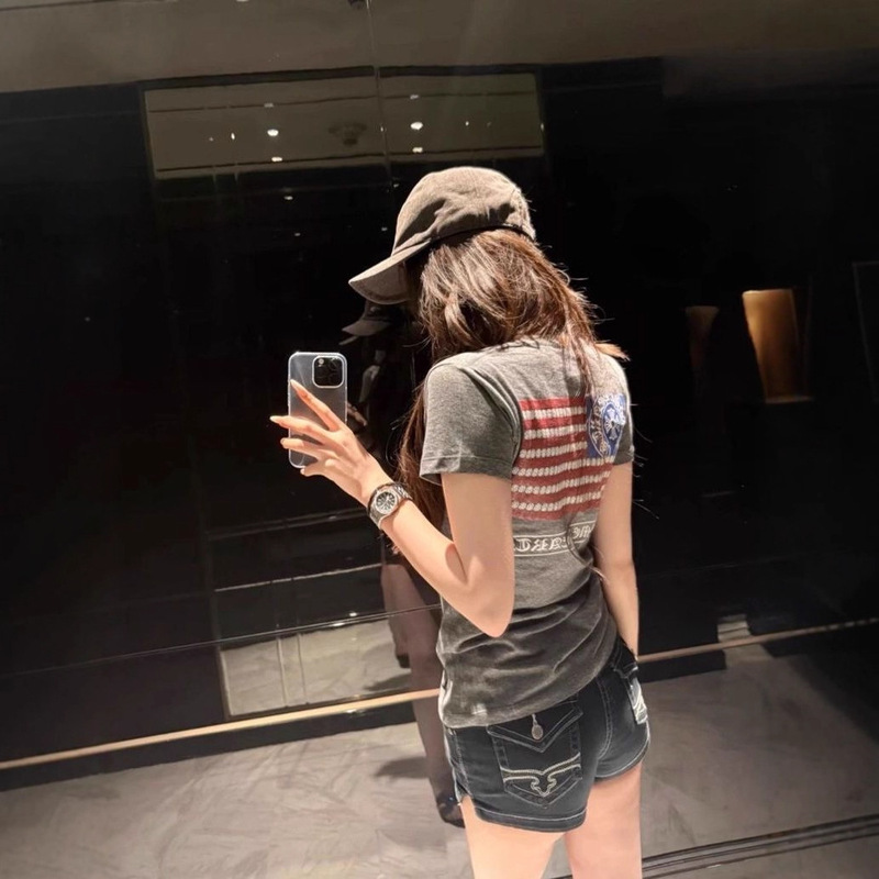 [210g 40 Count Pure Cotton] Summer New Fashion Printed Elegant Pure Cotton V Neck Slim and Versatile T-Shirt for Women