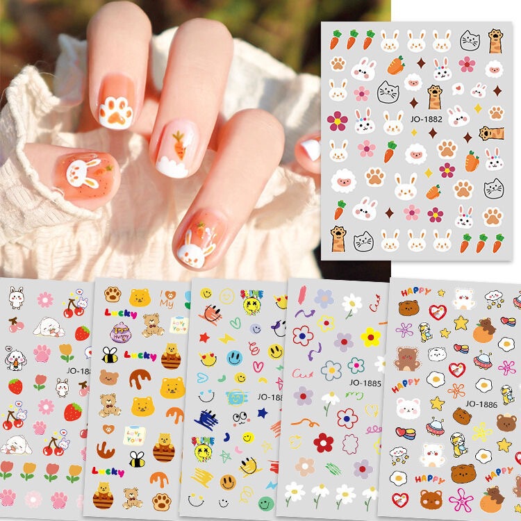 Nail Glue Stickers Explosive Nail Stickers Cute Bunny Bear Flower Smiley Waterproof Lasting Nail Decal