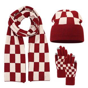 European and American men's knitted hat gloves scarf three-piece winter women's cold-proof chessboard plaid double-layer thickened wool hat