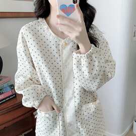 批发货源  睡衣女加厚夹丝棉爱心家居服水韩版ins长袖圆领套装女