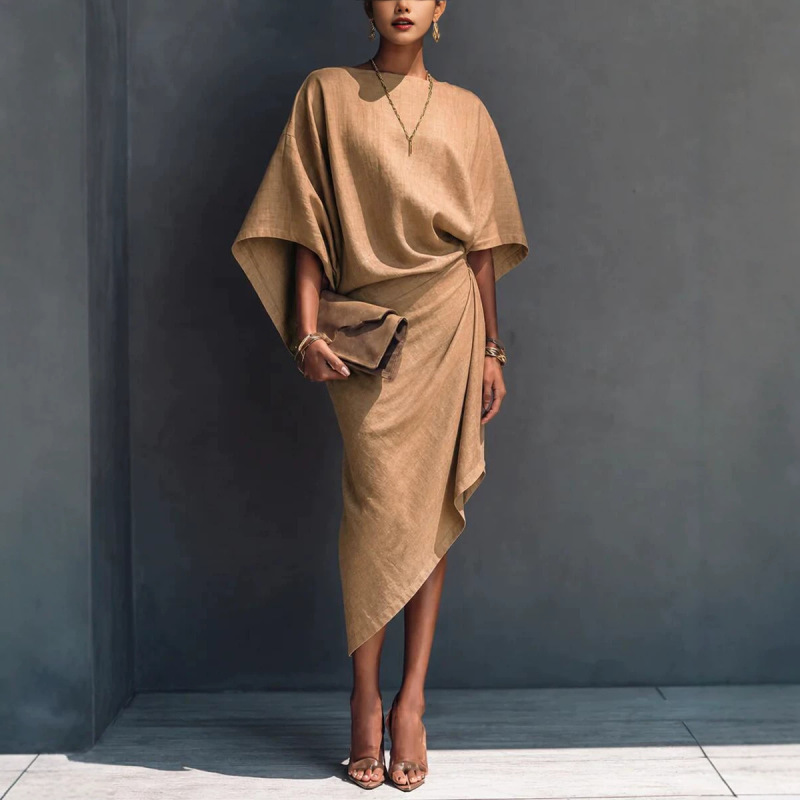 In-stock European and American foreign trade cross-border Amazon independent station solid color fashionable batwing sleeve long pleated dress for women