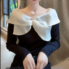 2025秋季新款时尚蝴蝶结T恤洋气修身显瘦长袖打的上衣女潮
