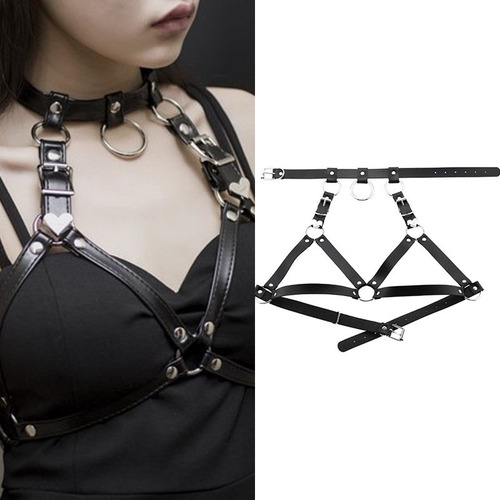 Stylish handmade punk Harajuku belt collar lockchain bone chain belt integrated belly belt with heart-shaped waist chain