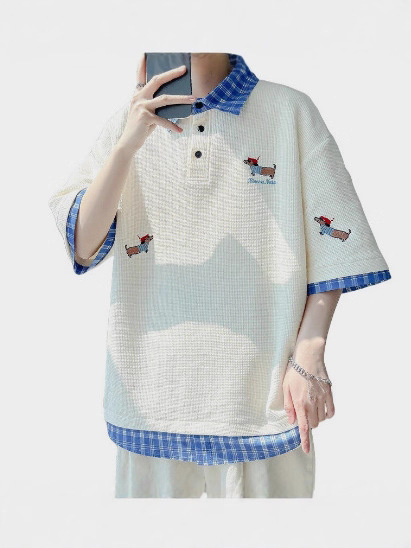腊肠狗假两件polo领短袖T恤男高级感夏季潮牌刺绣宽松重磅五分袖|undefined