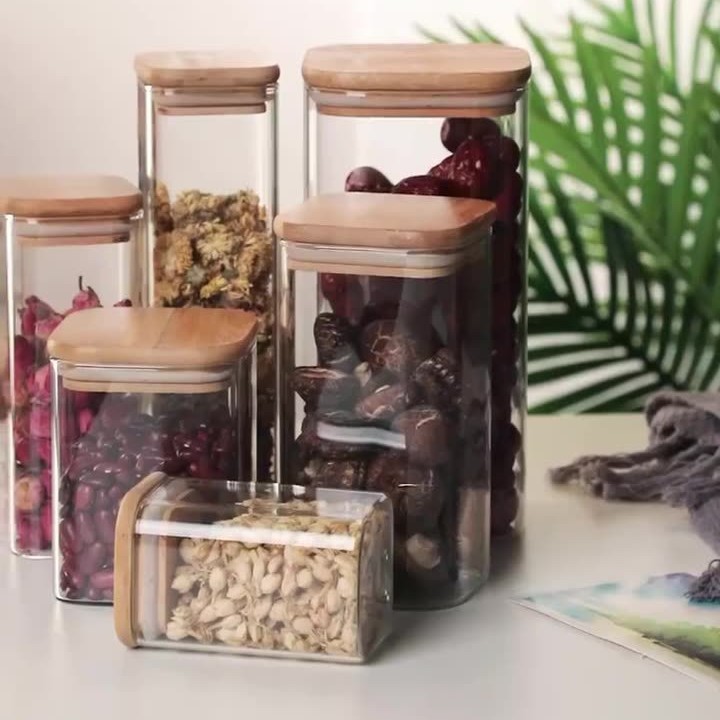 Tanque de almacenamiento de vidrio de alto borosilicato cuadrado tanque de almacenamiento multifuncional de granos de cocina de granos de vidrio cubierta de bambú tanque de sellado