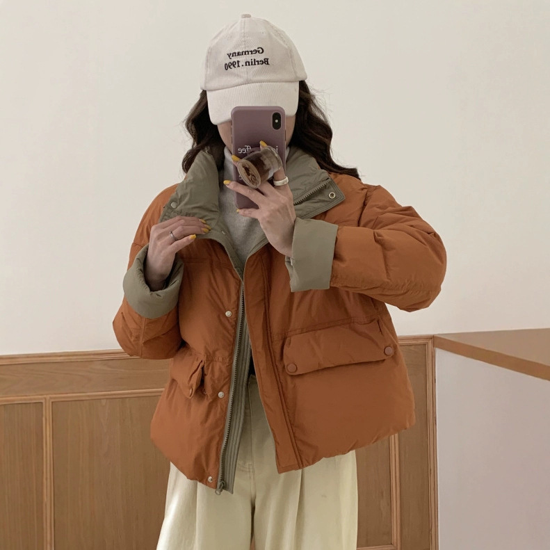 撞色拼接韩国东大门羽绒服女短款立领宽松外套小个子藕色灰色桔色