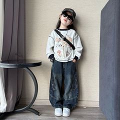 女孩秋季韩版宽松洋气卫衣中大童潮酷休闲风工装牛仔裤百搭老爹裤