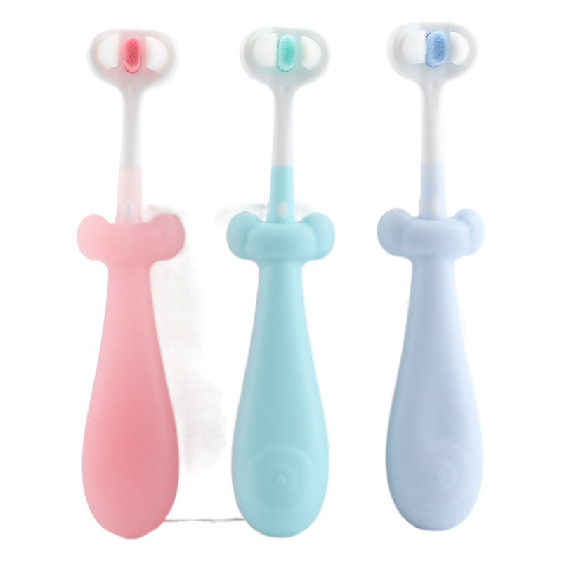Cepillo de dientes de tres caras con cerdas suaves para niños con dientes de tres caras y mango antideslizante de diez mil pelos para bebés y diez cepillos de dientes de dos mil pelos, caja completa al por mayor