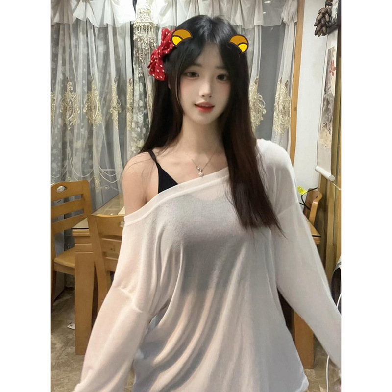 主播同款微透纯欲雪纺长袖显瘦打底衫T恤女夏薄款防晒空调罩衫|undefined