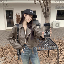 美拉德穿搭翻领皮衣外套女春秋季新款复古短款宽松炸街长袖机车服
