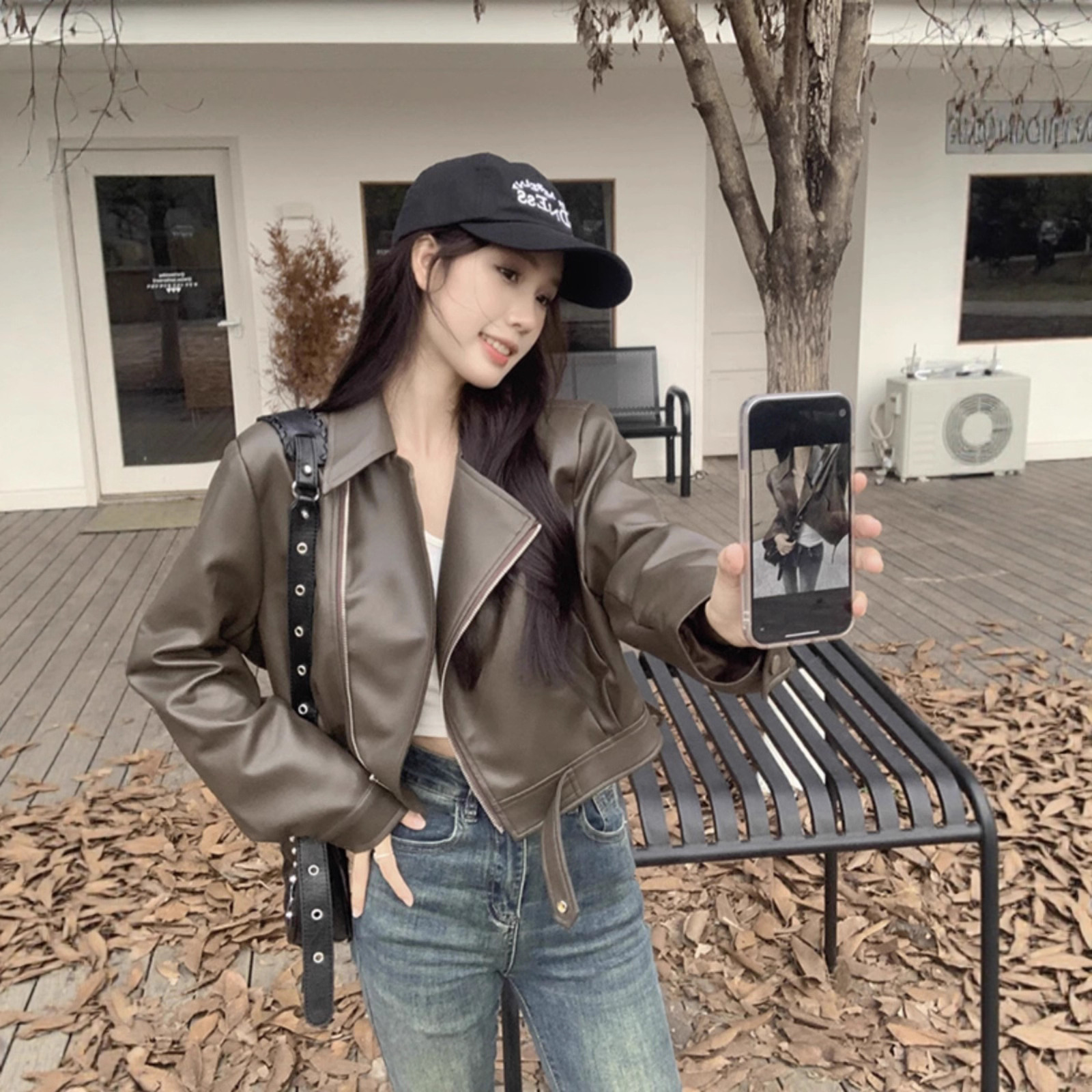 Maillard Outfit Lapel Leather Jacket Women's Spring and Autumn New Retro Short Loose Street Long-Sleeved Motorcycle Jacket