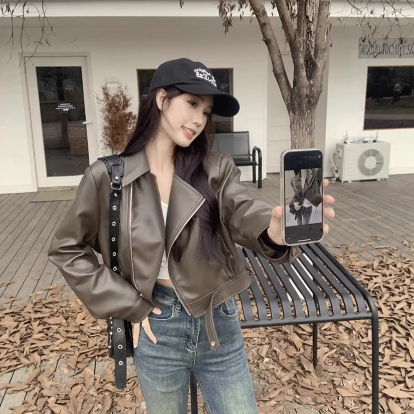 美拉德穿搭翻领皮衣外套女春秋季新款复古短款宽松炸街长袖机车服