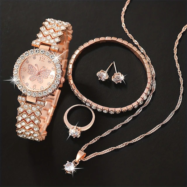 5pcs/set new women's steel band watch set, fashionable and versatile, personalized full diamond butterfly quartz steel band watch