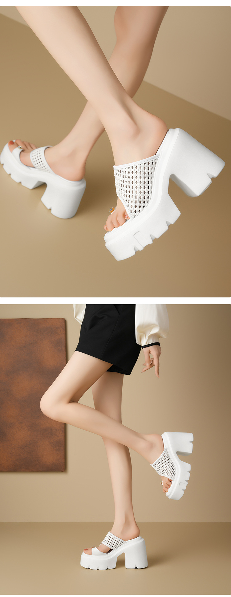 Dép sandal cao gót nữ quai ngang đan gót thô 12 cm đế tăng chiều cao — Màu đen, Màu vàng nhạt, Màu trắng, Màu bạc chi tiết 9