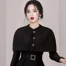 毛呢OL通勤披肩小斗篷高腰显瘦优雅白色气质两件套秋冬连衣裙1223