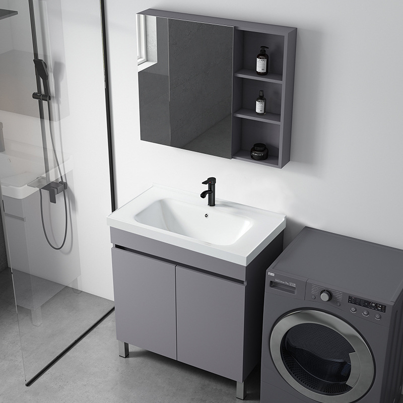 Gris simple piso de madera maciza gabinete de baño balcón baño lavabo con lavabo de cerámica combinación de gabinete