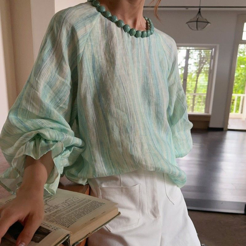 In-Stock 2026 New Style Turquoise Choker Handmade Beaded Tencel Linen Sun Protection Shirt Ramie Long-Sleeve Shirt