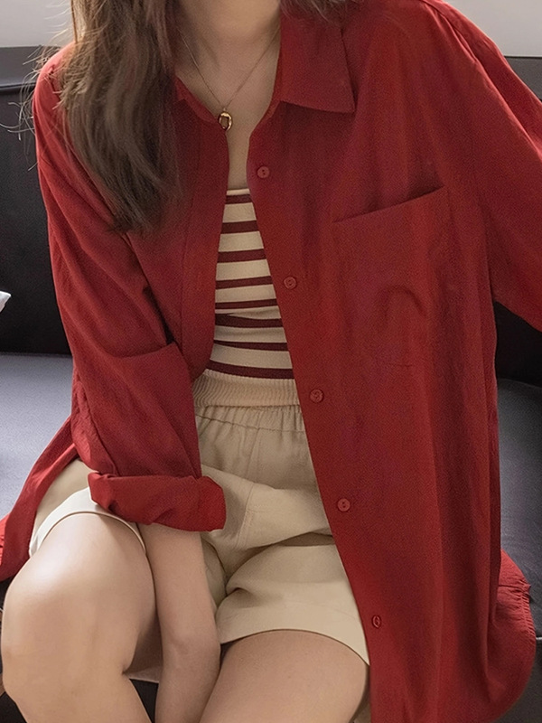 纯色Polo领长袖衬衫女2025新款春夏季宽松显廋外搭防晒上衣设计感|undefined