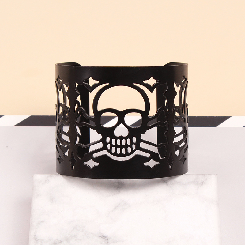 Bracelet en métal personnalisé avec tête de mort, bracelet large à manchette noire rétro punk pour Halloween_voghion.com
