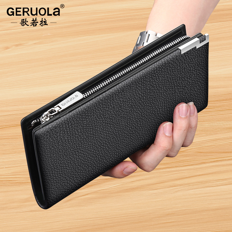 Guangzhou Ge Ruola cuero cartera de hombre, cremallera larga de cuero de vaca, cartera de gran capacidad, mano de negocios