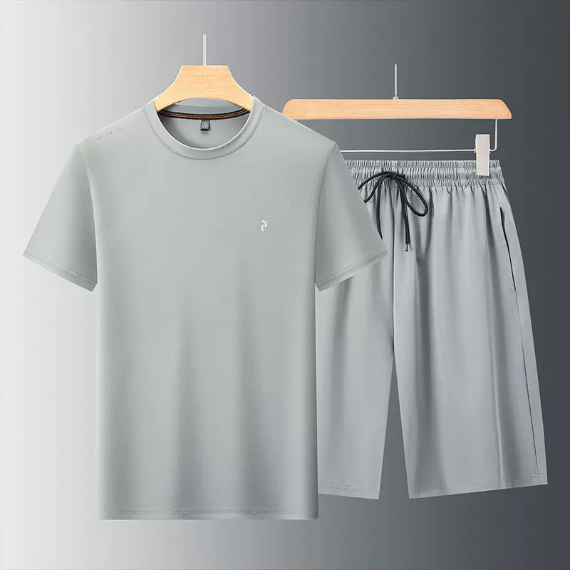 2025夏季跨境新款纯色男士高级感冰丝速干运动套装男简约两件套