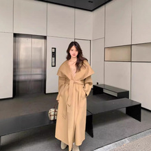 CHI大也驼色双面呢外套女冬绵羊毛大翻领慵懒中长款山羊绒大衣