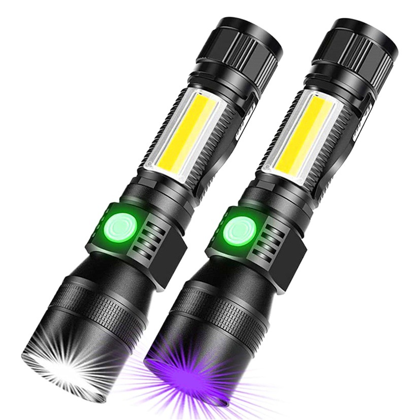 Linterna recargable USB transfronteriza UV luz fuerte luz roja UV brillante impermeable 7 función COB linterna