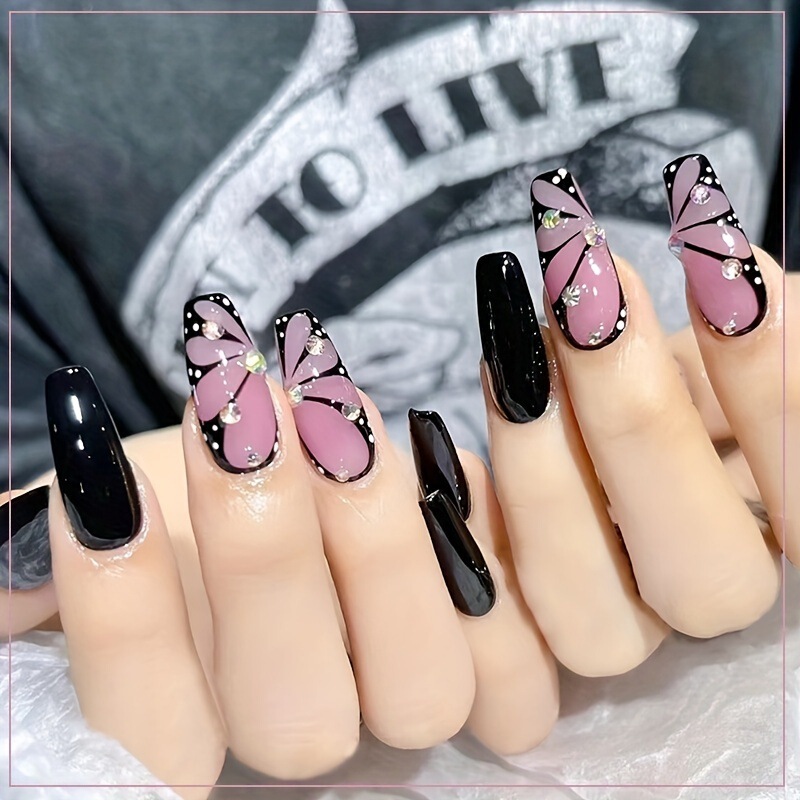 Coffin Armor Hollow Butterfly Black Simple False Nail 3D Rhinestone Dot Wear Armor Press on nails Coffin Armor Hollow Butterfly Black Simple False Nail 3D Rhinestone Dot Wear Armor Press on nails