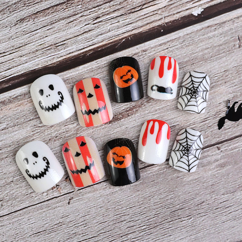 Uña de Halloween, esmalte de uñas, gota de sangre, calabaza, araña, tela de araña, pieza de uñas, uñas, uñas, uñas