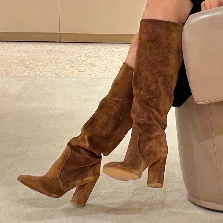 2027 Genuine Leather Retro Style Brown Boots for Women, Long Boots, Melard Riding Boots, Thick Heel Pointed Toe Long Boots