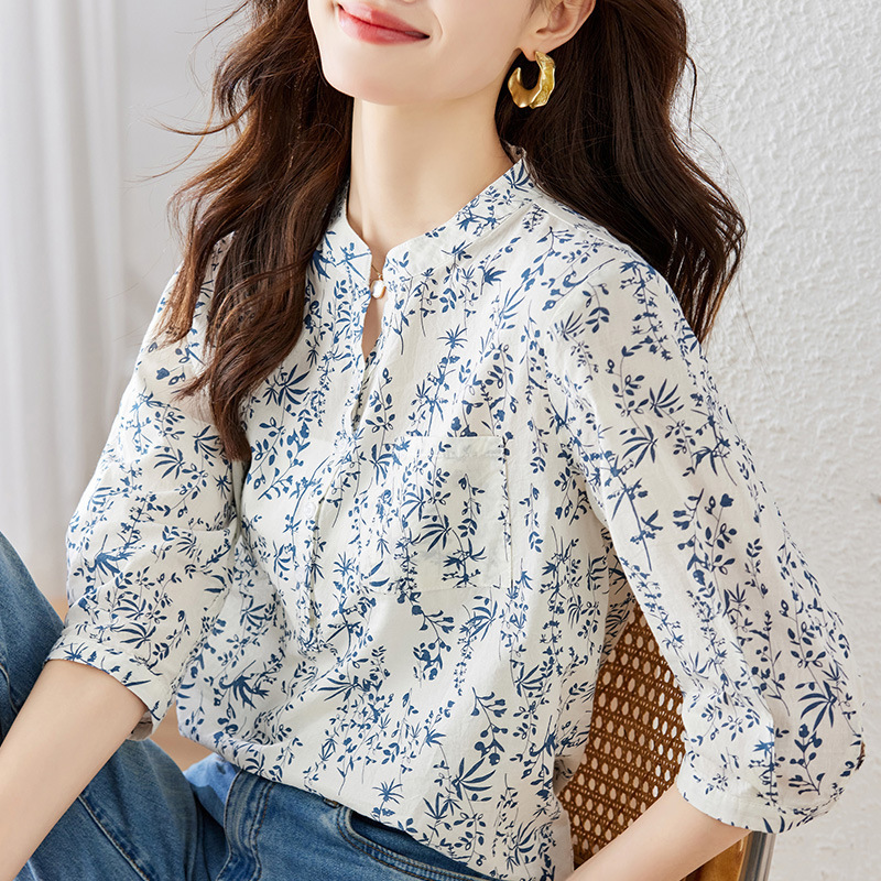 工場直販青と白の磁器小花柄シャツレディース七分袖夏中国風純綿トップ年齢軽減シャツエレガント|undefined