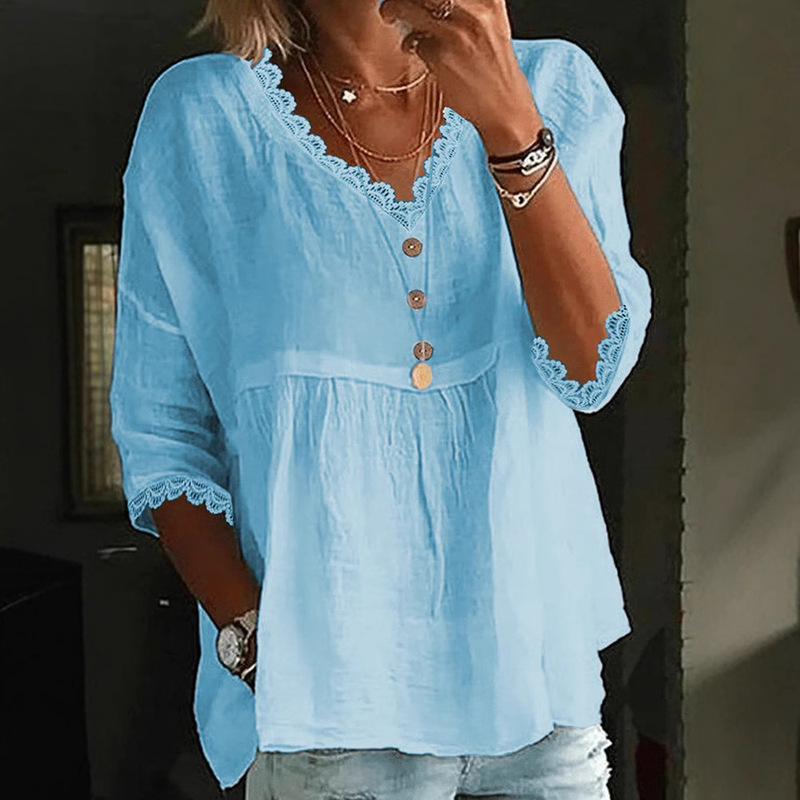 2025 Foreign Trade Cross-border New Women's Casual Seven-point Sleeve Lace V-neck Pullover Multicolor Women's Top Shirt