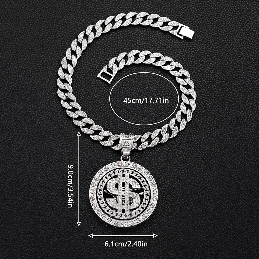 54g Weight Alloy Pendant Material Hip-Hop Round Dollar Alloy Inlay Rhinestones Unisex Pendant Necklace Necklace Pendant Men Pendant Necklaces