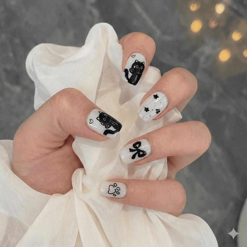 Ins-Style Short Coal Ball Wearable Nails, Cute Cartoon Student Nail Art, Nail Stickers, Wearable Fake Nails Wholesale