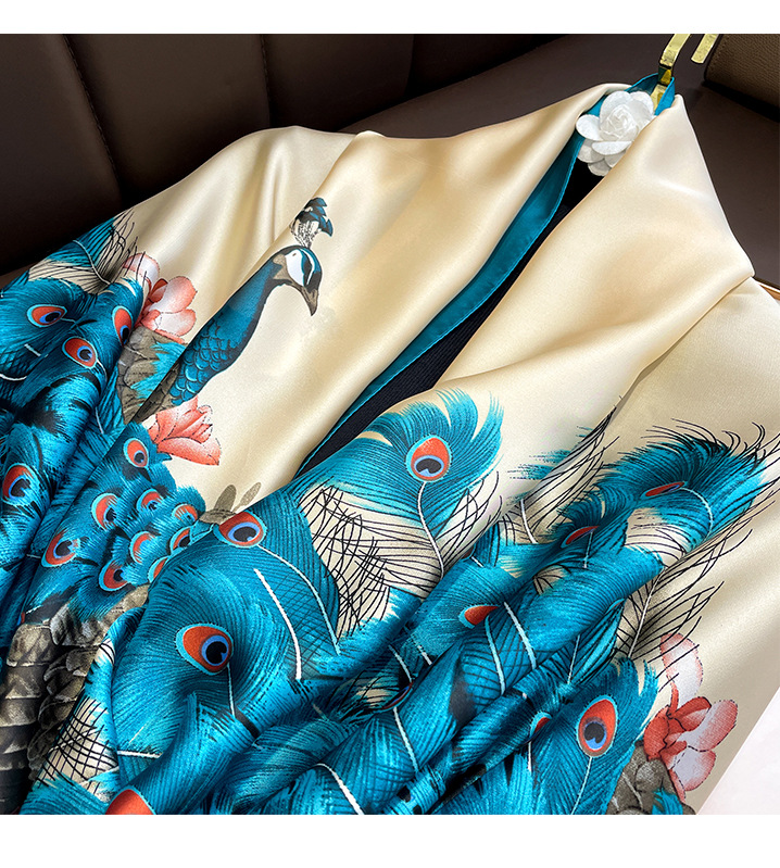 Chinese style retro peacock contrast color printing fashion simulation silk long scarfpicture2