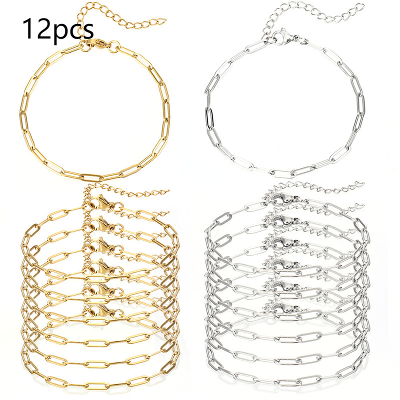 12-Piece Set - Paperclip Chain Bracelet Set, Stainless Steel Adjustable Pendant Bracelet with Lobster Clasp and Extender
