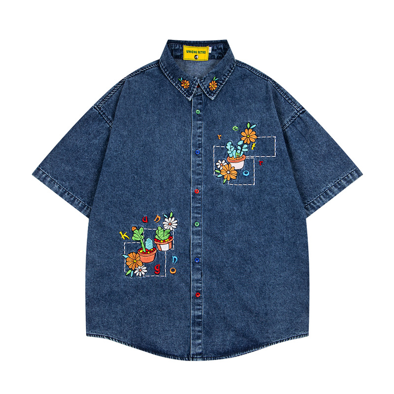 American Retro Plant and Flower Embroidered Denim Short-Sleeved Shirts for Men and Women, Summer Washed Loose Casual Couple Shirts