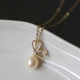 飞舞~S925纯银镀14K金项链吊坠女 珍珠双层蝴蝶气质简约优雅挂坠